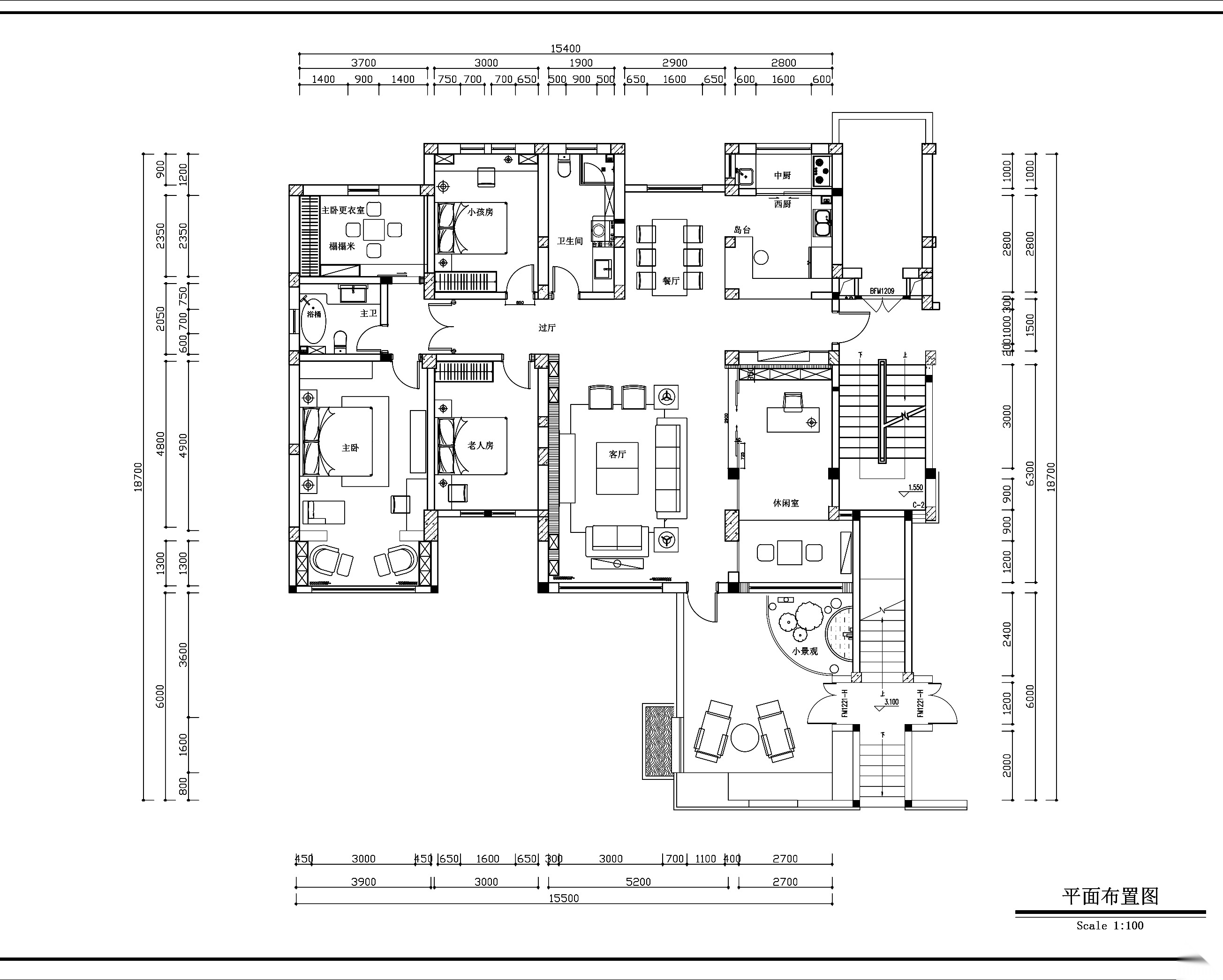 新中式风格四室两厅两卫施工图设计（附3D模型+效果图） 平层