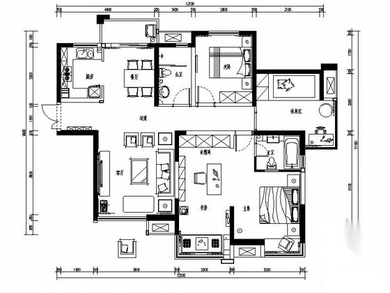 [郑州]书香古典新中式三居室装修CAD施工图（含效果） 平层