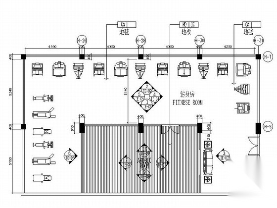 [江苏]超五星级酒店健身房装修设计CAD施工图（含效果）