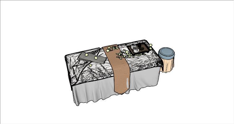 现代按摩床 茶盘 茶具 毛巾 矮凳
