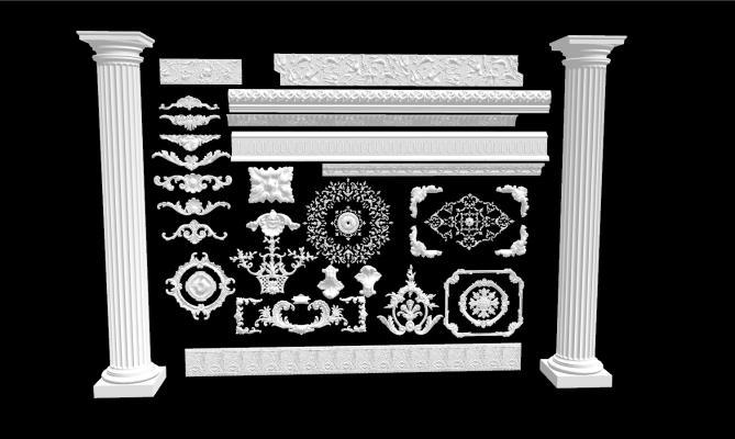 欧式风格罗马柱 石膏线条 立柱 石膏雕花 金属铜花 柱头 构件