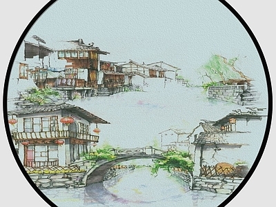 新中式圆形装饰画 中式山水画