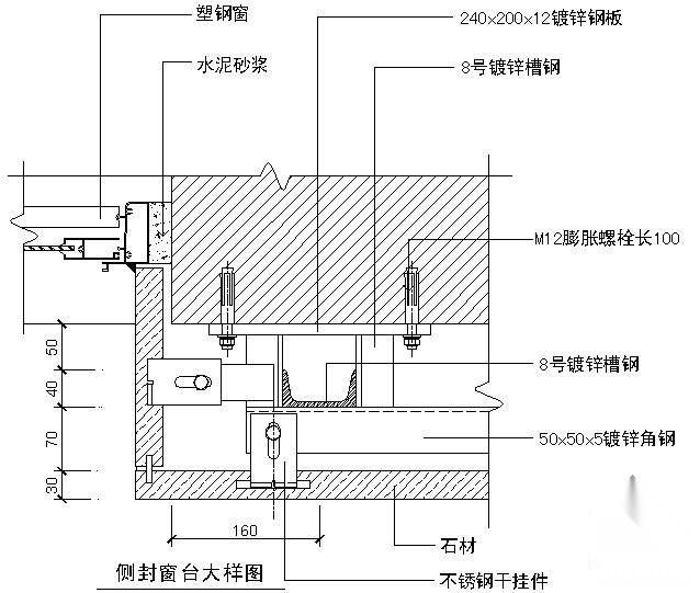 某吊挂式玻璃幕墙节点构造详图（十三）（侧封窗台大样图... 节点