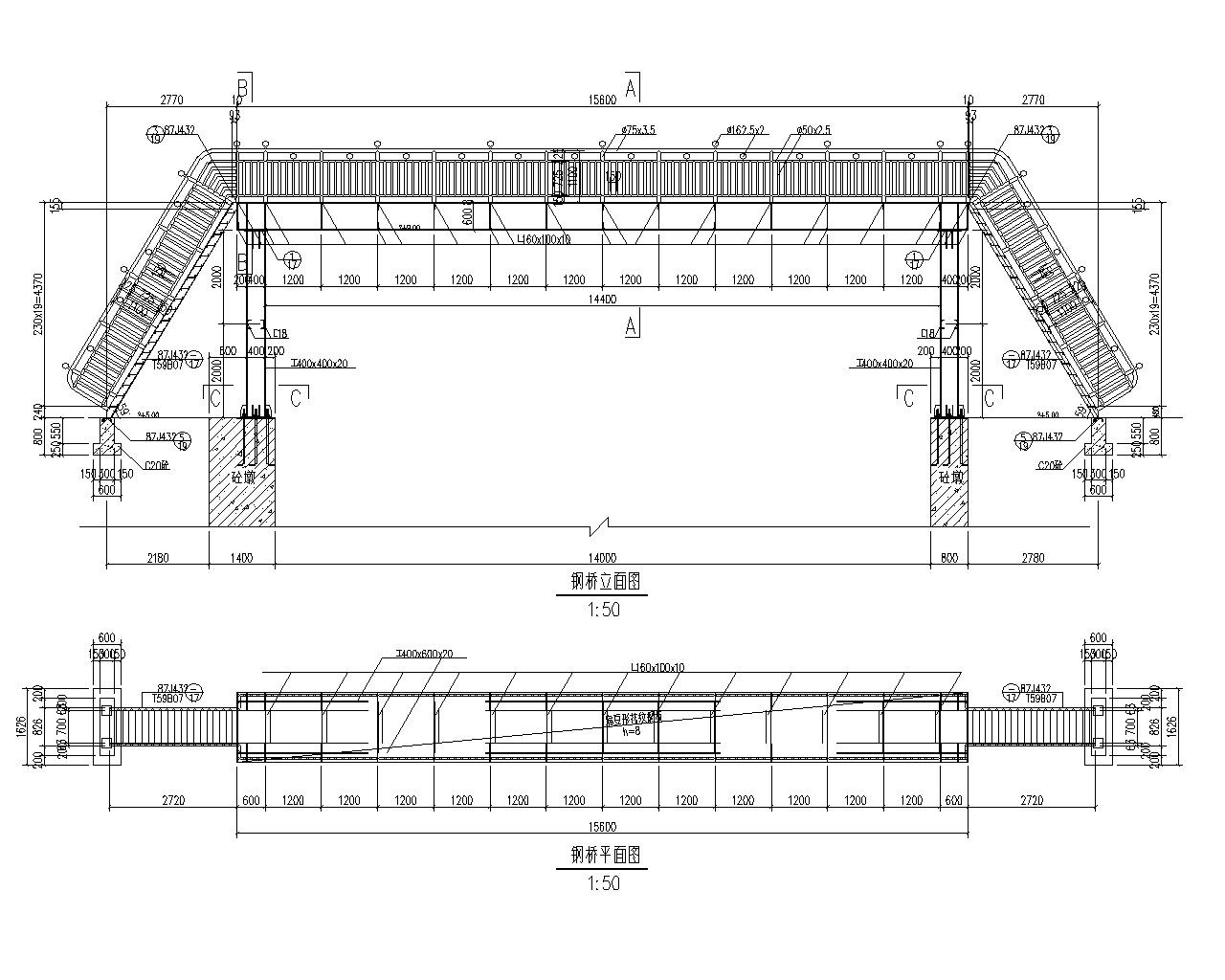 某15米人行轻钢桥梁结构施工图（CAD） 节点 结构节点图
