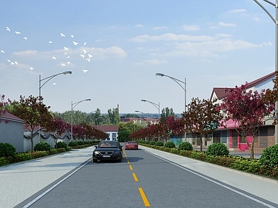 现代马路规划 马路绿化 围墙 简模商铺