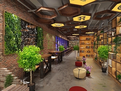 工业风绿植书吧 餐厅 植物 花朵 墙饰 书架 餐桌椅