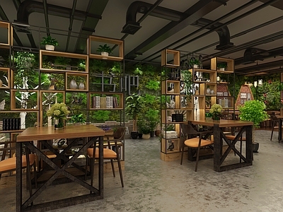 工业风绿植书吧 餐厅 咖啡厅 植物 书架 隔断 置物架 小景墙饰 盆栽 花朵 画