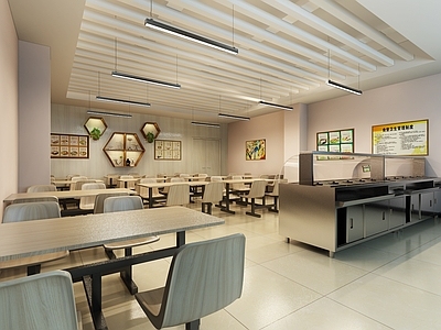 现代食堂大厅 打菜台子 椅 墙饰