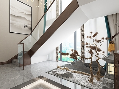 新中式楼梯间 吊灯 楼梯