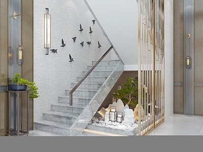 新中式楼梯间 小品 园艺小品 假山 石头 迎客松 鸽子 中式壁灯