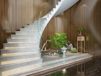 新中式楼梯间 小品 园艺小品 假山 石头 迎客松 中式地灯
