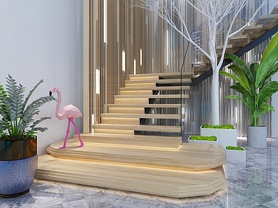 北欧楼梯间 木质楼梯 网红楼梯 火烈鸟 枯树 植物 绿植