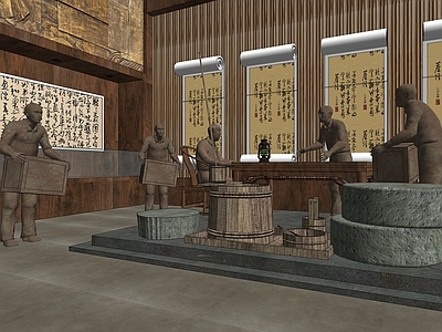 中式风格茶室 文化馆 雕塑 磨盘 装饰画