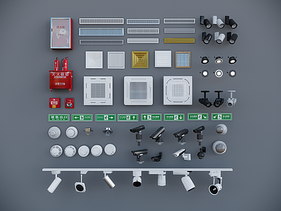 现代空调出风口 射灯筒灯 摄像机 安全出口 烟感喷淋 消火栓 灭火器 转向式