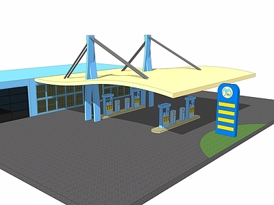 现代风格加油站 加气站 充电站 汽车 遮阳棚 消防设施 垃圾桶 便利店 广告牌
