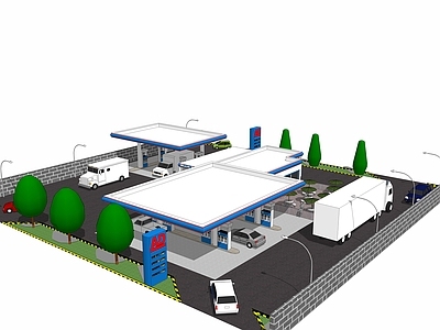 现代风格加油站 加气站 充电站 汽车 遮阳棚 户外伞桌椅 路灯 便利店 货车