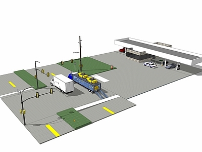 现代风格加油站 加气站 充电站 汽车 遮阳棚 消防设施 跑车 便利店 货车