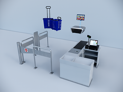 现代风格超市收银台 超市购物篮 电子秤 超市栏杆围栏