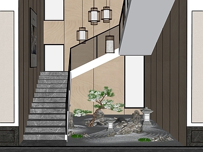 新中式风格家居玄关 楼梯间 玄关 景观 园艺小品 景观小品