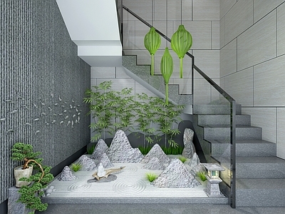 新中式楼梯间 山水松树