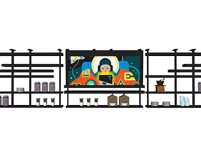 现代风格展示架 酒架 置物架 自助餐 陈设 摆件 插画 货物架 架子 书架 咖啡