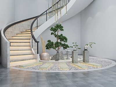 新中式旋转楼梯 小品 迎客松 间