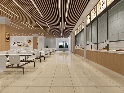 现代学校食堂 餐桌椅 取餐台 宣传标语牌