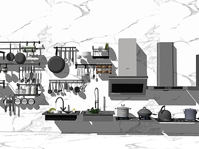 现代风格厨房用品组合 油烟机 燃气灶 调料用品 锅子碗盆