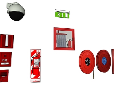 现代风格消防栓 报警器 灭火器 摄像头 安全出口组合