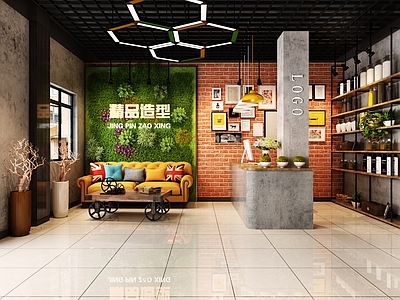 工业风理发店 工装 LOFT 工业风 红砖壁纸 水泥墙