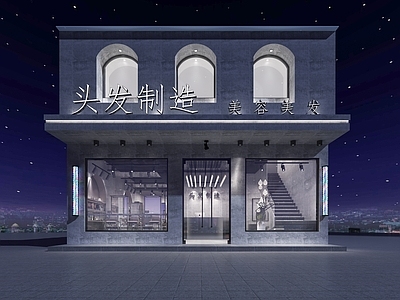工业风美发店门头 夜景 波纹板