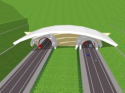 现代风格道路 隧道 洞门 汽车 高速公路 景观树 山体