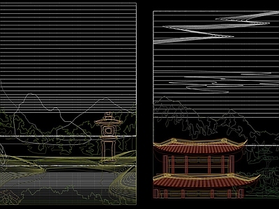 彩色山水画CAD图库 施工图 平面图块
