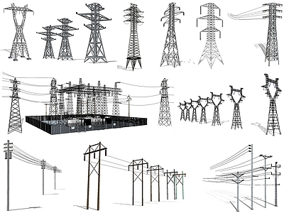 现代电线杆 高压线 变电站 电塔 电网