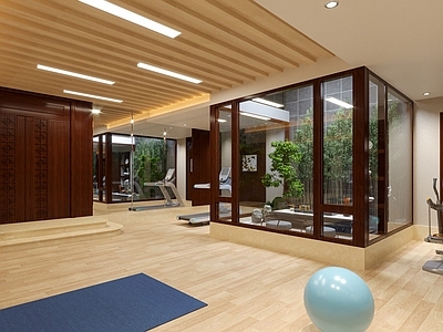 新中式健身房 天井 茶桌椅组合 跑步机 瑜伽球