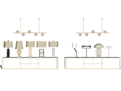 现代轻奢风格灯具组合 金属吊灯 台灯 电视柜组合