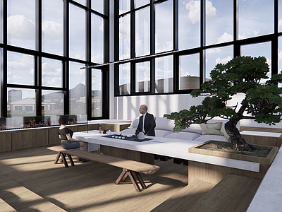 现代风格别墅露台 下沉式休闲露台 泡茶 茶桌 壁炉