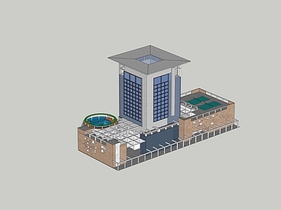 现代风格多层公建 屋顶圆形游泳池 羽毛球场 办公楼