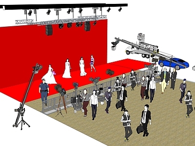 现代风格模特 摄影 摄像 器材 摄影车 灯光 舞台红毯