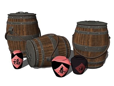 现代风格酒桶 木桶 酒瓶 小品