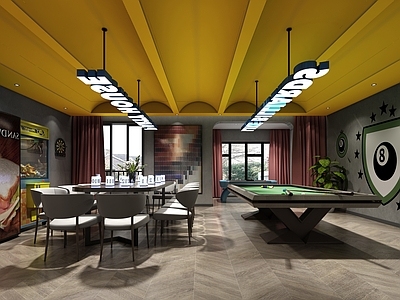 现代轰趴棋牌馆 游戏机 饮料机 挂画 台球桌