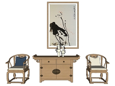 中式风格太师椅 边柜组合 挂画