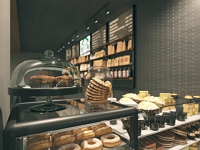 现代咖啡吧 星巴克 吊灯 面包 甜品 单层 收银前台