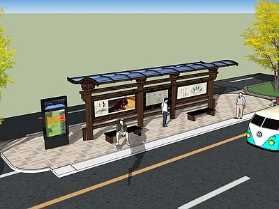 中式风格公交站台 公交站 展台