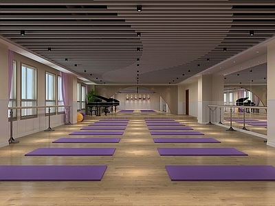 现代瑜伽室 铝方通 木地板 瑜伽垫 把杆