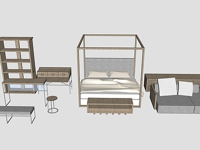 现代风格床具组合 床尾凳 装饰架 书桌 沙发 贵妃椅