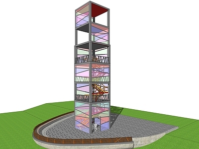现代风格景观小建筑 玻璃观景塔楼 楼梯