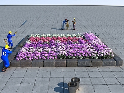 现代花坛 美女樱 植物 草花 盆栽植物 养护工人