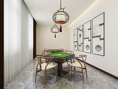 新中式麻将室 桌椅 灯具 挂画