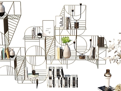 现代置物架 装饰品 花瓶 植物盆栽 书籍 摆件